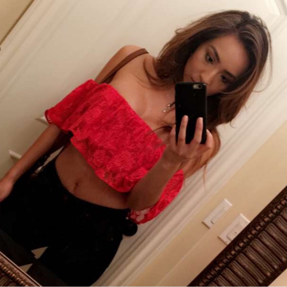 Red handmade lace off the shoulder crop top XS/SM